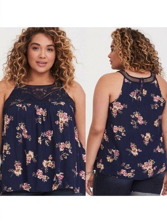torrid Tops - TORRID 2 Plus Size Floral Crochet Gauze Tank Navy Blue Pink Brown Boho Blouse 2X